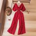 European And American Style Women's Vacation Jumpsuit Long Youthful Puff Sleeves Elastic Waist Slimming Wide Legs_ecoleips.com