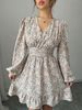 Women's Ditsy Floral Print Shirred V Neck A Line Dress, Elegant Bishop Sleeve Short Dress For Spring & Fall_ecoleips.com