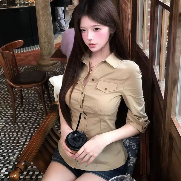 Khaki Waist-cinching Mid-sleeve Collared Shirt, High-end Half-sleeve Blouse, Slim-fit Trendy Top_ecoleips.com