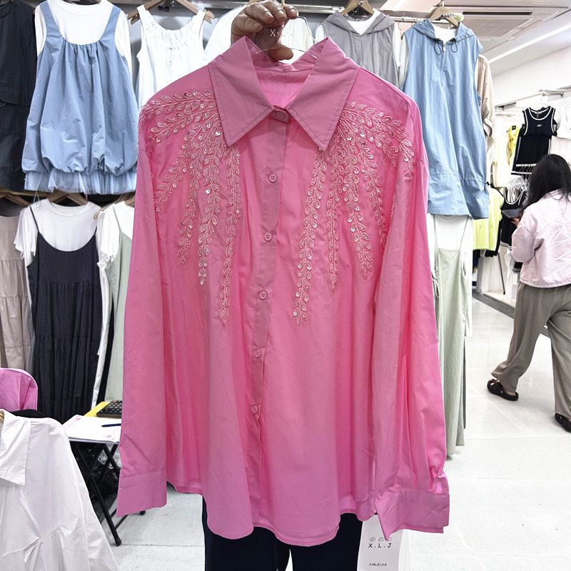 Women's European Style Sequined Embroidered Collared Long Sleeve Shirt Loose Casual Top Heavy New Spring Autumn_ecoleips.com