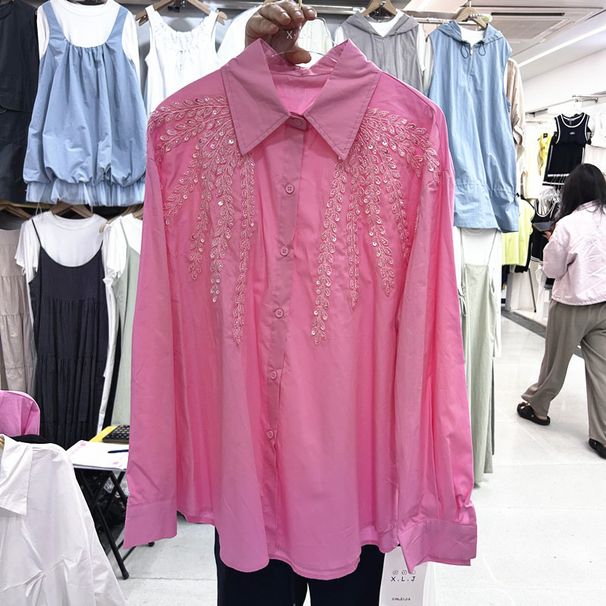Women's European Style Sequined Embroidered Collared Long Sleeve Shirt Loose Casual Top Heavy New Spring Autumn_ecoleips.com