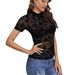 European And American Cross-border 2026 New Elegant Single-layer Mesh Small Stand-up Collar Flocking Print Short-sleeve_ecoleips.com