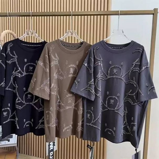 Women's Clothing Large Size 2 300 Catties Fat Mm Spring And Summer Heavy Hot Diamond Full Body Bear Design Age Reducing Loose Short Sleeved T Shirt _ecoleips.com