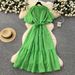 Women's Clothing Stand Up Collar Lantern Sleeves Tie Waist Dress For Women Slim Temperament Shiny Ruffled Long Skirt_ecoleips.com