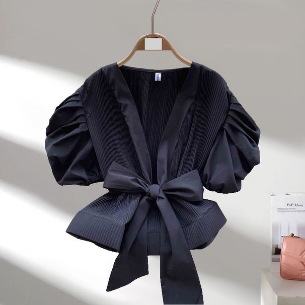 Women's Clothing High End Puff Sleeve Shirt For Women Autumn Waist Tie Pleated Trendy Brand Light Luxury Celebrity Top_ecoleips.com