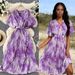 Boho Floral Print Maxi Dress – Wrap Waist, Flowy Chiffon, Elastic Polyester Blend, One-Size Fits Most (10 Colors, Short Sleeve, High-Low Hem)_ecoleips.com