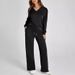 Women's Clothing Loose V Neck Long Sleeved Top With Drawstring Design Elastic Waist Flared Trousers Two Piece Set_ecoleips.com
