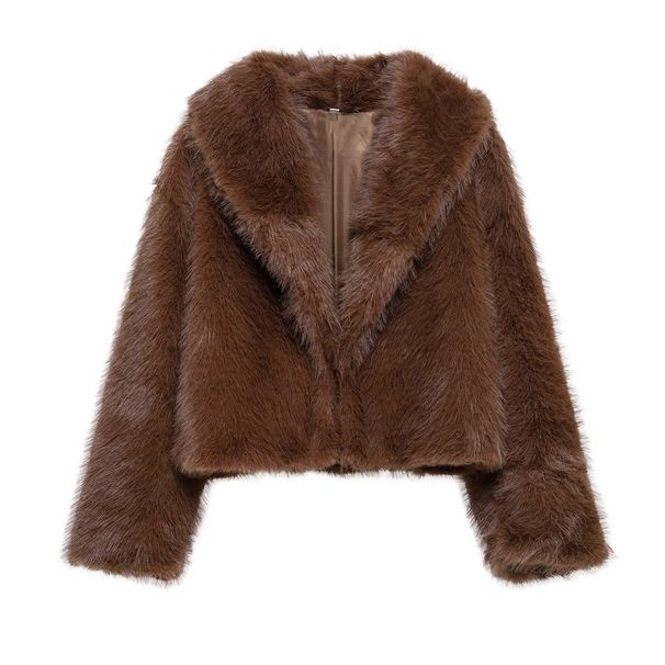 Women's Faux Fur Coat Spring Fashion Oversized Streetwear Jacket With Pockets, Lapel Collar, Polyester Outerwear For Casual Outfit (Brown, XS/S/M/L)_ecoleips.com
