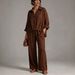 Women's Two Piece Set European American Style Relaxed Lapel V Neck Top High Waisted Drawstring Wide Leg Pants_ecoleips.com