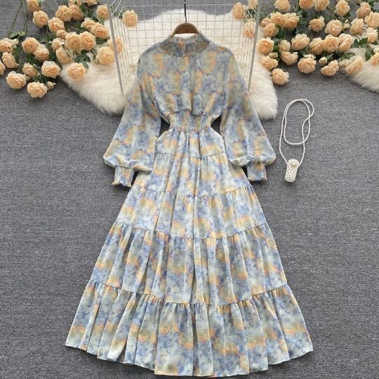 Elegant Floral Print Chiffon Maxi Dress With High Waist & Puff Sleeves – Vintage French Style A-Line Dress For Women_ecoleips.com