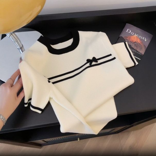 Summer Color Block Bow Short Sleeve Knit Top For Women Off-Shoulder Slim Fit T-Shirt Flattering Layer_ecoleips.com