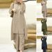 2025 Muslim Women's Fashion Two-Piece Set Elegant Solid Color Side Slit Long Shirt Wide-Leg Pants Outfit_ecoleips.com