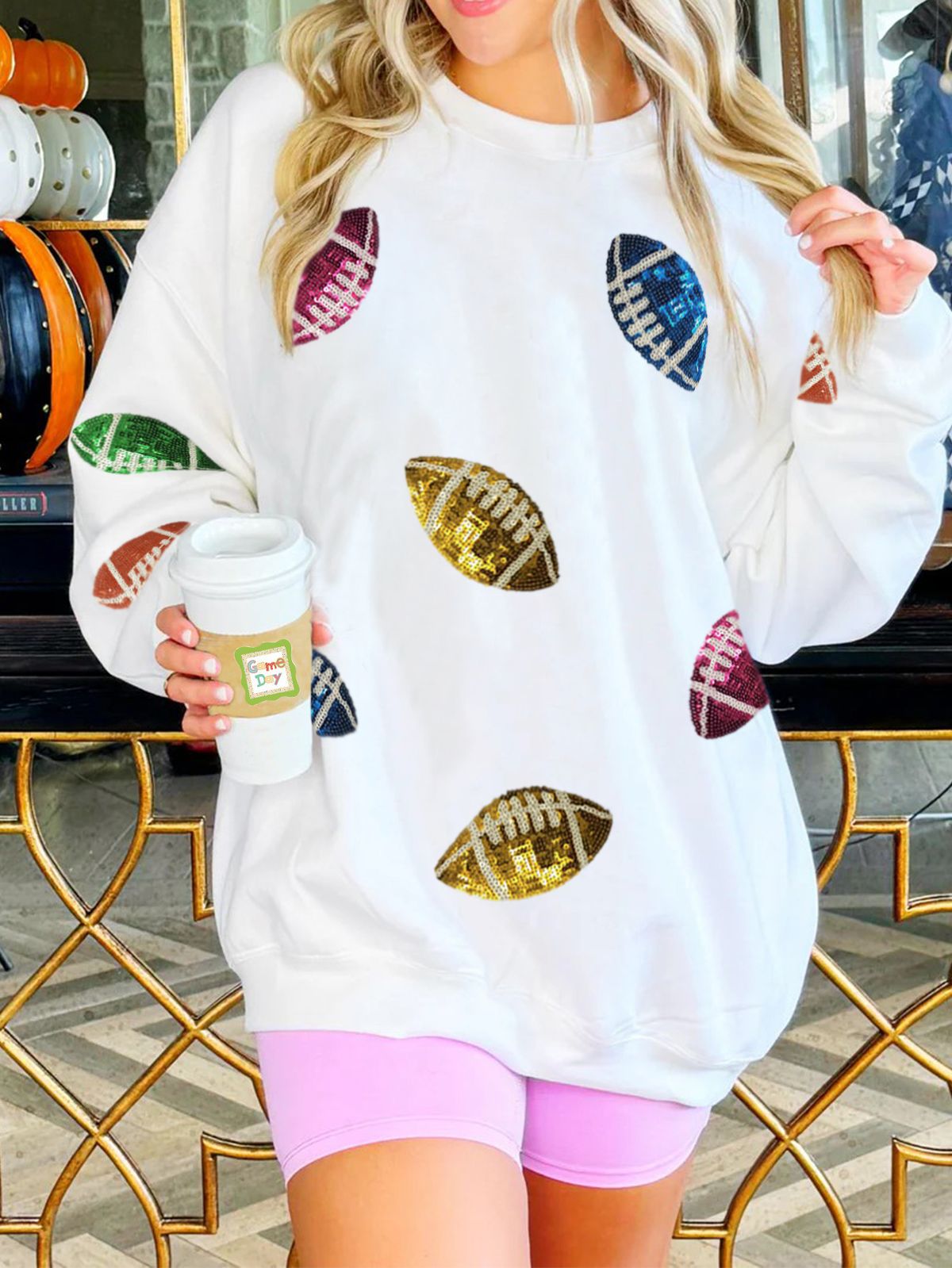 Sequined Football Sweatshirt – Oversized Long Sleeve Crewneck (XS/S/M/L, Beige)_ecoleips.com
