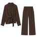 Elegant Crepe Blouse & Wide-Leg Pants Set - Polyester Two-Piece Outfit With Bow Accent For Women (Xs/S/M/L, Top & Bottom)_ecoleips.com