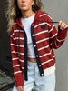 Red White Stripe Heart Pit Rib Knit Hooded Cardigan, Loose Lightweight Breathable Soft Skin-touch Drawstring Button Knit Jacket_ecoleips.com