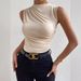 Women's Clothing Spring And Summer New Style Fashionable And Versatile Solid Color Pleated Sleeveless Pullover Half High Collar T Shirt_ecoleips.com