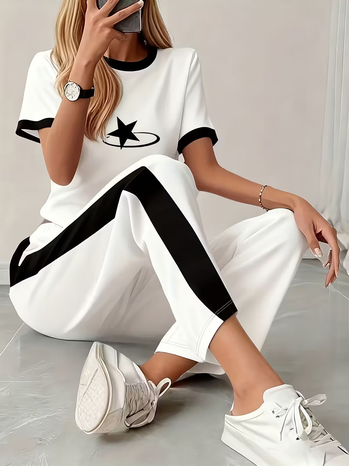 Women's Clothing Women's Trendy Star Print Color Block Two Piece Set European And American Summer For Formal & Casual_ecoleips.com