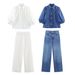 Women's Clothing Women's European American Style Collared Mid Sleeve Shirt Denim Pants Suit Set Long Sleeve For Formal & Casual_ecoleips.com