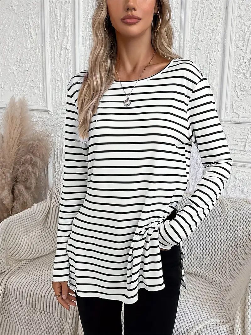 Stripe Print Crew Neck T-shirt Casual Long Sleeve Slit T-shirt Spring And Autumn Women's Wear_ecoleips.com