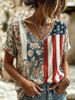Women's Retro Independence Day Art Printed Linen Blended T-Shirt Flowers American Flag 250Th Anniversary V-Neck Shirt_ecoleips.com
