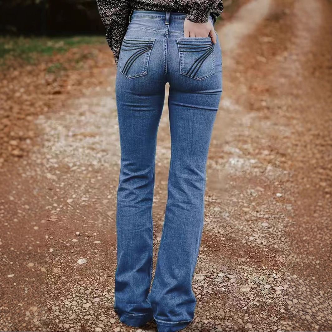 Women's Blue Embroidered Wide Leg Stretch Jeans Loose Fit Back Pocket Cross Border European American Denim Jeans_ecoleips.com