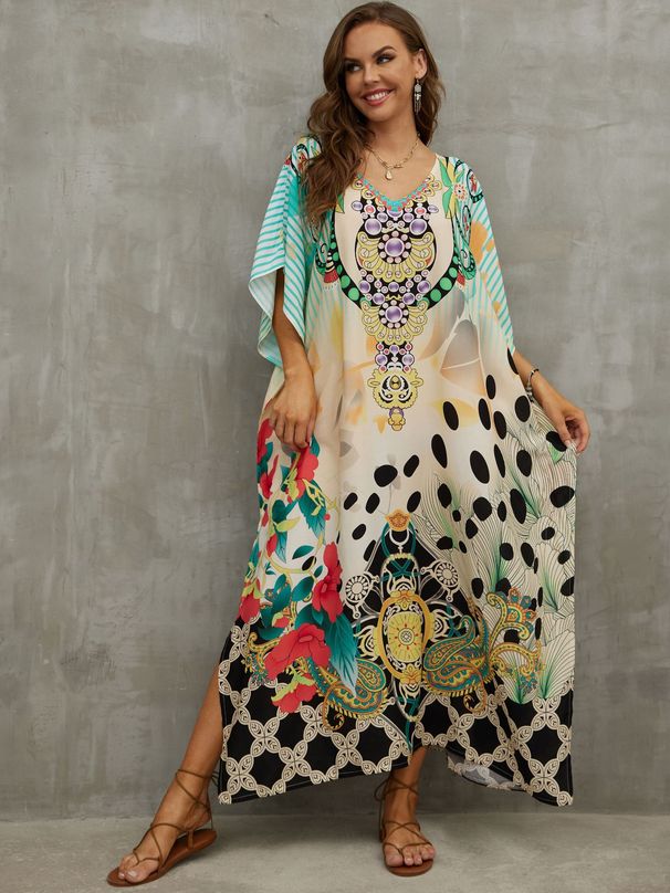 Women's Rayon Printed Beach Cover-Up Dress – Lightweight Loose Fit Swimwear Cover-Up, Bikini Wrap, Sun Protection Long Dress, One Size Fits Most_ecoleips.com