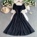 Women's Clothing Green Temperament Lace Up Square Neck Puff Sleeve Dress For Women Summer Pleated Waist Slim Long Skirt_ecoleips.com