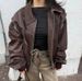 Oversized V-Neck Button-Down Shirt Jacket, Long Sleeve Workwear Blouse With Pockets, Wine Red/Brown Relaxed Office Top (S/M/L)_ecoleips.com