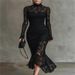 Summer Fashion European-USA Style Evening Dress Women Half High Neck Elegant Party Black Elastic Lace Hollowed-Out Fishtail Dress_ecoleips.com
