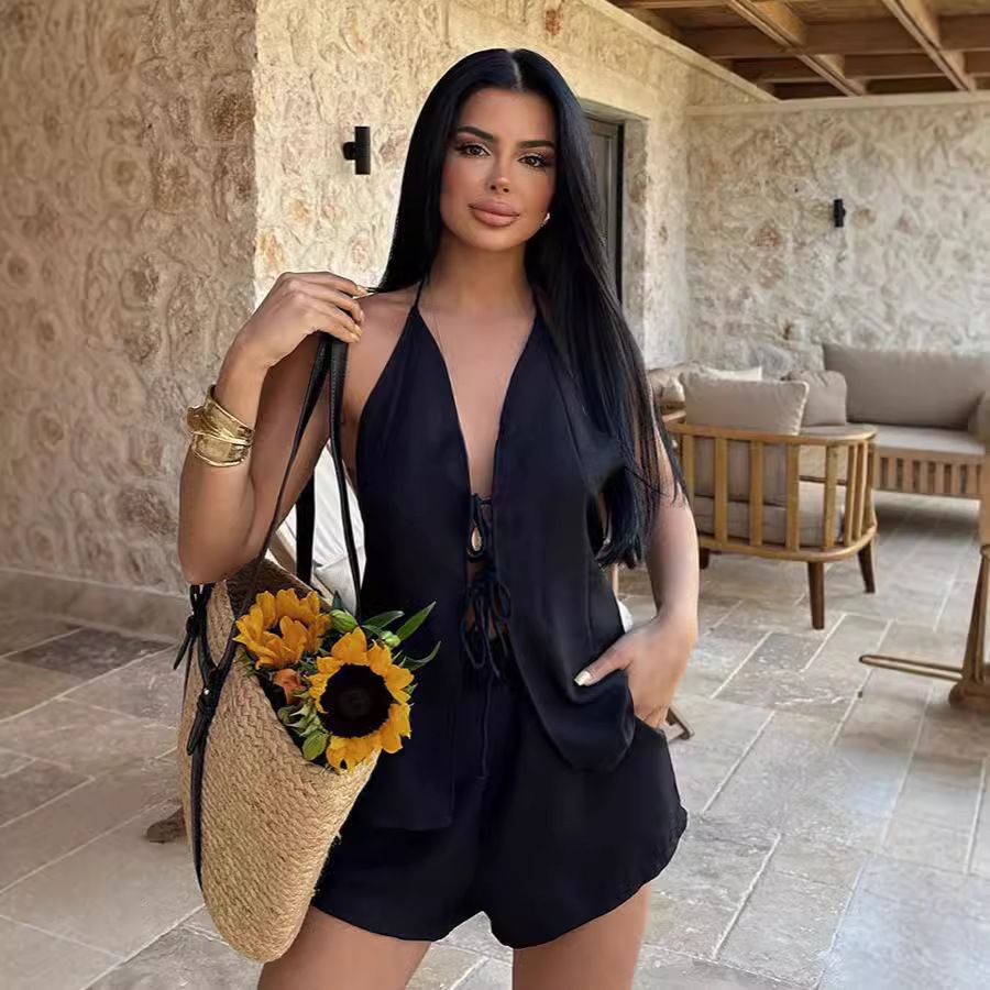 Fashion Casual Women's Clothing Two-Piece Suit Halter Neck Sexy Tie Top And High-Waisted Shorts Set American Style_ecoleips.com
