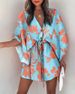 Summer Casual Dress Women Fashion Flying Sleeve V-neck Print Beach Party Dresses Elegant Lace Up Mini Dress Robe Femme 2024 New_ecoleips.com
