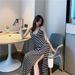 Little Black Slip Dress for Women Sexy V Neck Retro Long Side Slit Stylish Elegant Gown_ecoleips.com