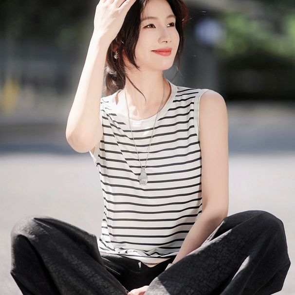 Direct From The Manufacturer: 140g Knitted Silk Vest, 2025 Summer Round-neck Striped Top That Conceals Side Bulges,_ecoleips.com