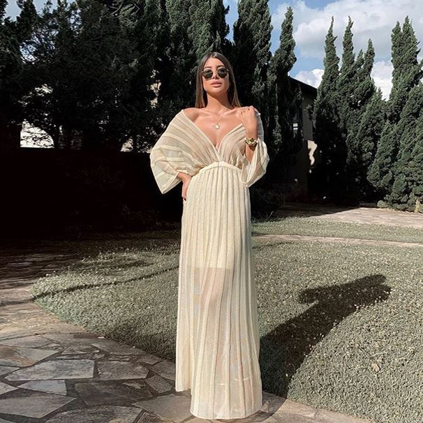 Women's Clothing Women's Sexy Slim Dress V-Neck Shawl Sleeve Hollow White Skirt_ecoleips.com