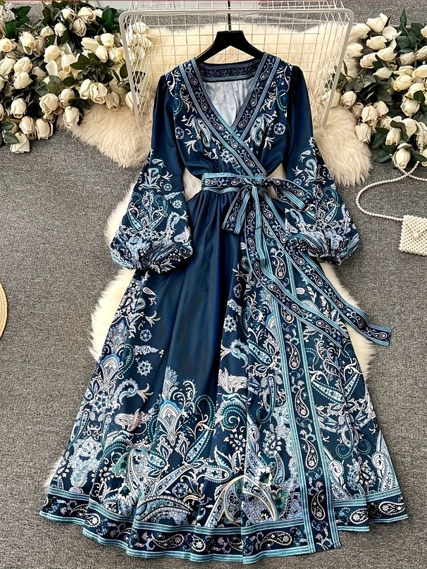 Women's Bohemian V-Neck Maxi Dress Long Sleeve Ethnic Print Belted Dress for Women_ecoleips.com