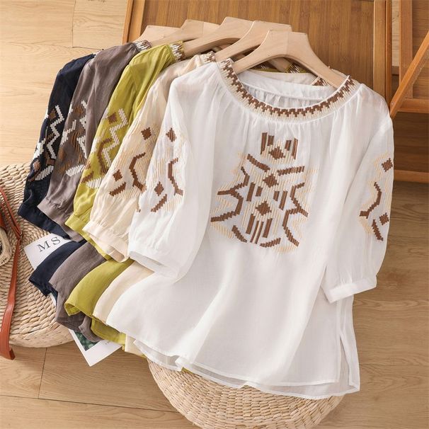 Bohemian Embroidered Linen Top – Loose-Fit 3/4 Sleeve Round Neck Blouse (Navy/White/Yellow/Grey/Beige, Plus Sizes)_ecoleips.com