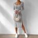 Women's Sexy Square Neck Long Sleeve Side Slit Bodycon Midi Dress – Fall Winter Club Gown_ecoleips.com