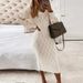 Women's Clothing Elegant Hollow-Out Crochet Knit Dress With V-Neck & Lantern Sleeves For Women, High Waist Bodycon Midi Dress In Apricot (One Size)_ecoleips.com