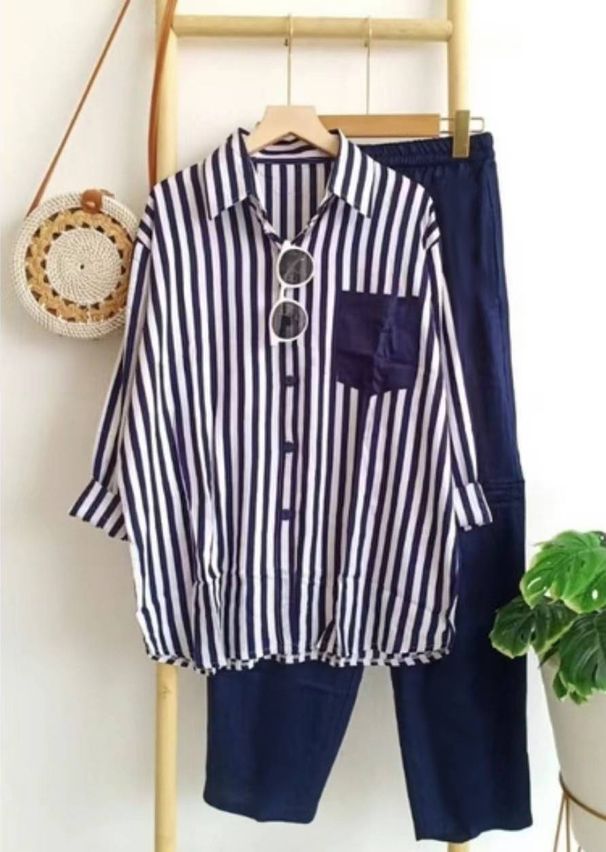 Women's Plus Size Women's Clothing Summer Slightly Fat MM Fashionable Loose Slim Comfortable Casual Striped Suit_ecoleips.com