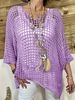 Plus Size Women's Summer Crochet Knit Cover Up Top, V-Neck 3/4 Sleeve Hollow Out Casual Loose Elegant Beach Tunic Blouse_ecoleips.com