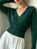 Women Cross Wrap V Neck Ribbed Knit Top Loose Long Sleeve Lightweight Breathable Skin-friendly Crop Sweater_ecoleips.com
