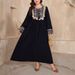 Ethnic Embroidered Maxi Dress With Sequins - Long Sleeve A-Line Dress For Women, Boho Travel Dress (0XL-4XL, Black)_ecoleips.com