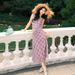 2026 Spring/Summer New High-End Pink And Purple Plaid V-Neck Twist-Shoulder Strap Dress For Women With Pleated Waist_ecoleips.com
