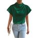 Women's Top 2025 New Round Neck Short Sleeve Left Shoulder Pleated T Shirt Satin_ecoleips.com