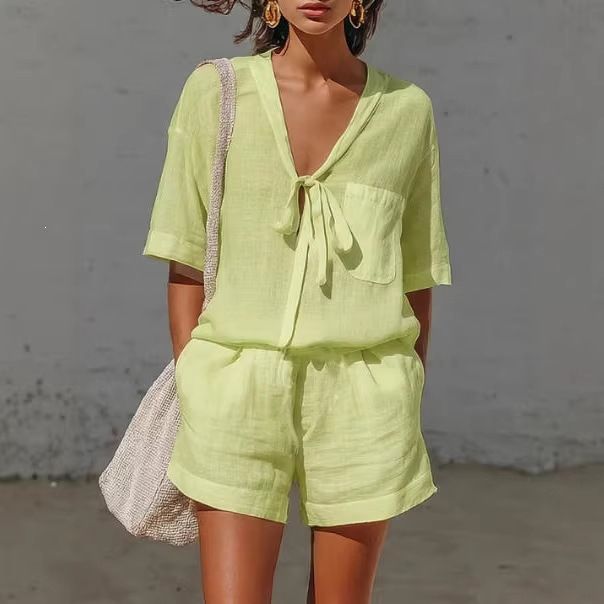 Women's Solid Color Casual Two Piece Set With Pockets Drawstring V Neck Loose Fit Short Sleeve Top And Shorts_ecoleips.com