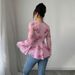 Voya Women's Spring And Summer New Style Pink Floral Bow Tie Tied Trumpet Sleeves Slim Fit Short Chiffon Top_ecoleips.com