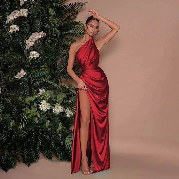 Women's Clothing Winter New Fashion Personality Slant Neck Off Shoulder Gathered Glossy Shiny Side Slit Banquet Dress_ecoleips.com