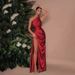 Women's Clothing Winter New Fashion Personality Slant Neck Off Shoulder Gathered Glossy Shiny Side Slit Banquet Dress_ecoleips.com