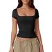 Women's Slim Fit Cropped Square Neck T-Shirt – Breathable Short Sleeve Top For Casual & Layering_ecoleips.com