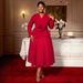 Plus-size Women's Long-sleeve Floral Dress, Slimming V-neck, Waist-cinching, Ruffled Hem, Elegant Party Gown_ecoleips.com
